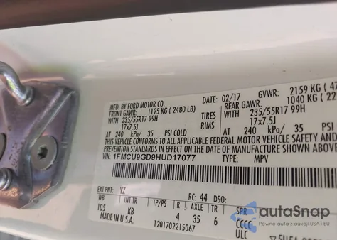 2017 Ford Escape Se z USA, uszkodzony, nr VIN 1FMCU9GD9HUD17077